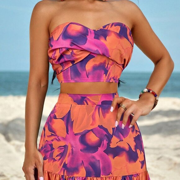 Purple Boho Women's Ruched Side Twist Bandeau Top And Split Thigh Skirt Set - Picture 6 of 6